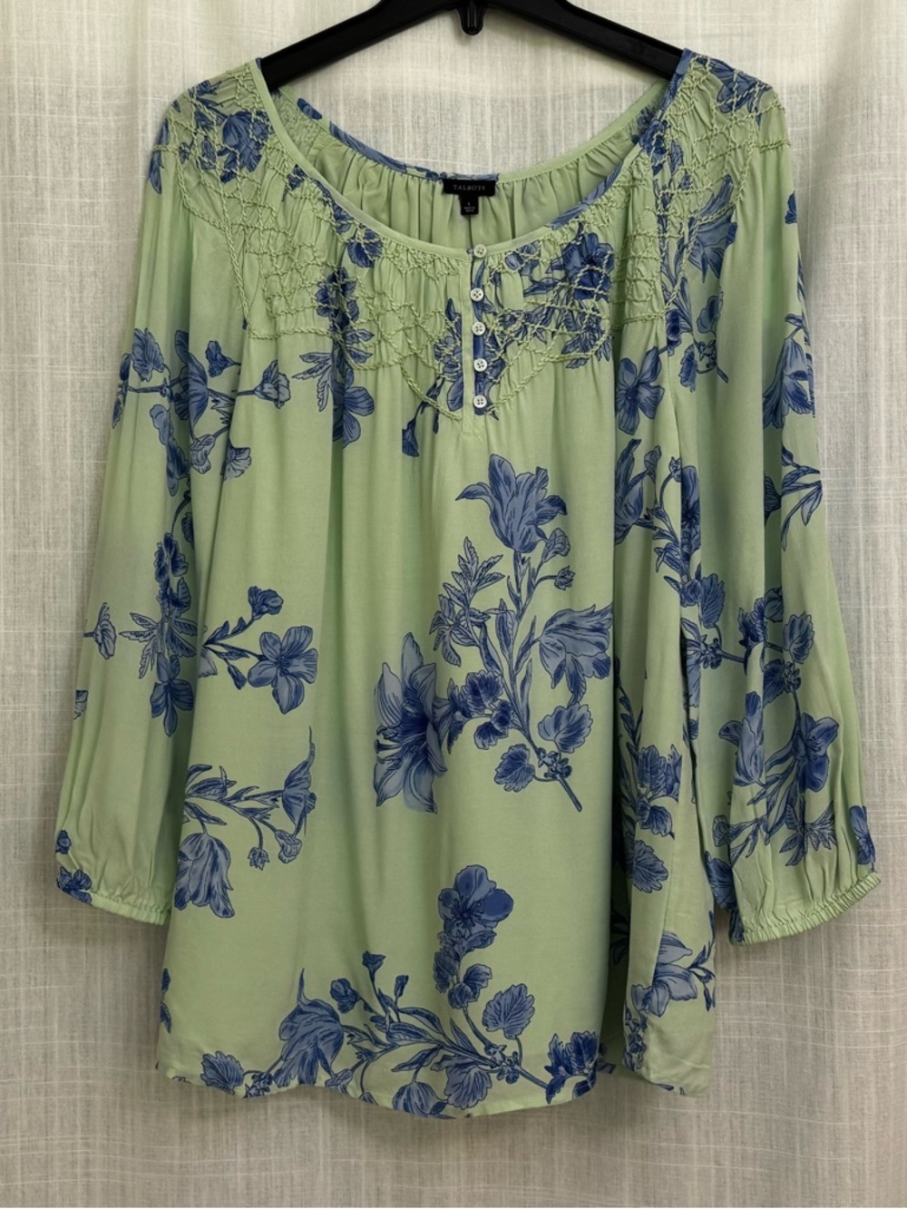 Talbots Sage Green Tunic with Blue Floral Print